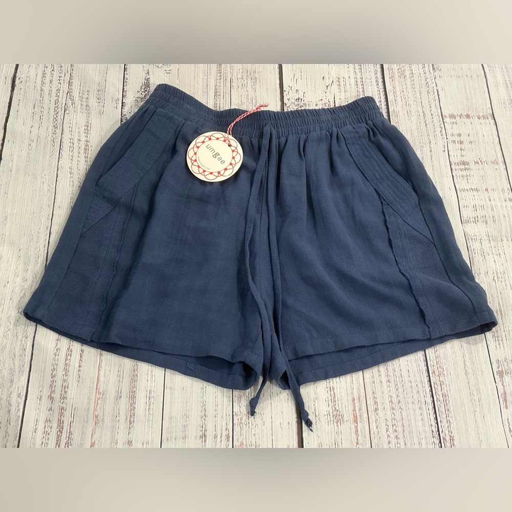 NWT Umgee Women’s Small Navy Blue Elastic Drawstring Waist Linen Cotton Shorts